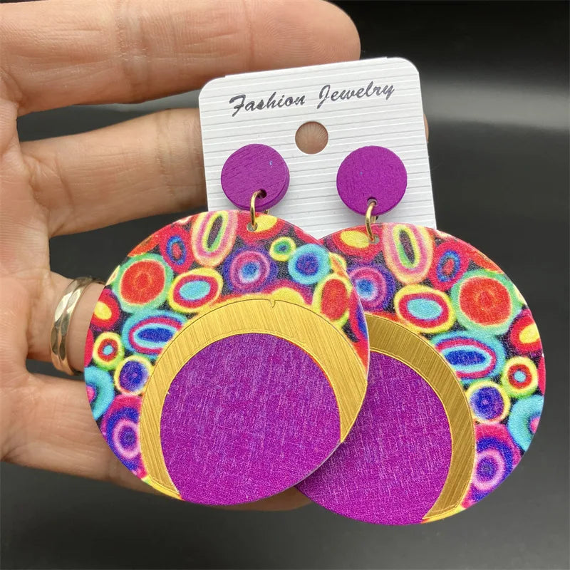 Fashion Exaggerated Round Earrings Printed Colorful Wooden Earrings for Women Ethnic Statement Jewelry Party Wedding Gift